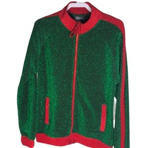 Green and Red Festive Holiday Christmas Glitter Zip Up Sweater Size L